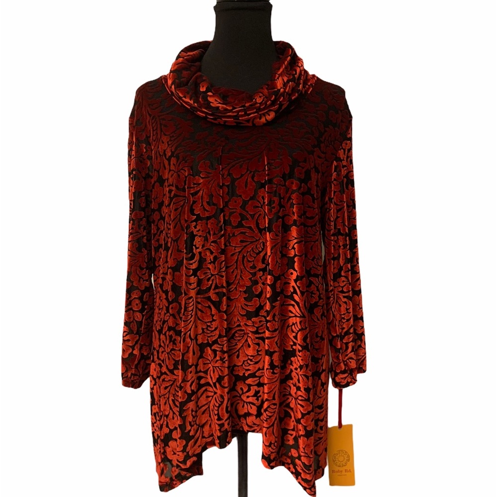 RUBY RD | red & black sheer cowl neck blouse